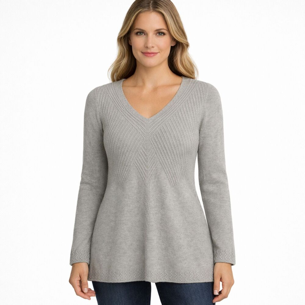 Sophie Max V-Neck Tunic Sweater Womens Sz L Neutral Ribbed Knit Lagenlook